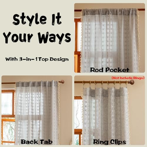 Light Gray Boho Semi Sheer Curtains 63 inch Length 2 Panel Set for