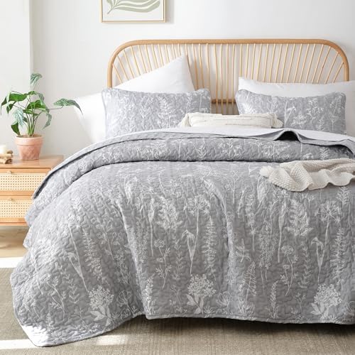 JANZAA Quilts Queen Size, Grey Qulit Set Bedspread Floral Bedding Set