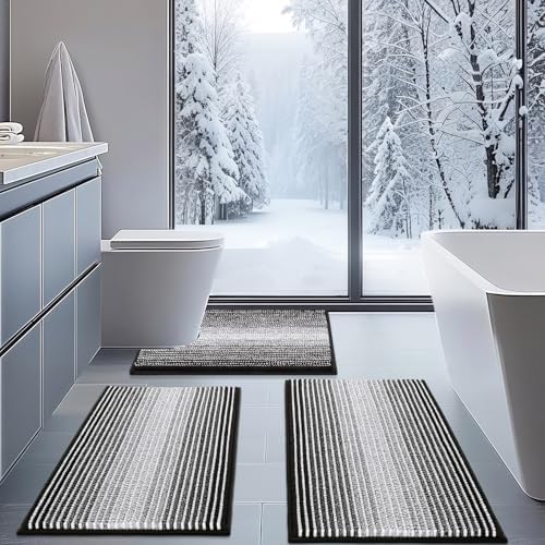 BSICPRO Bathroom Rugs Sets 3 Piece, U-Shaped Toilet Mat Sets, Black