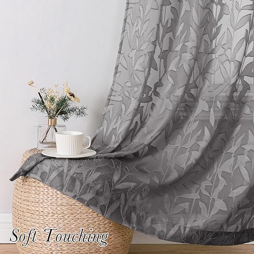 Lecloud Leia Clip Textured Charcoal Grey Sheer Curtains 63 Inch Length