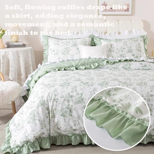 Brandream King Duvet Cover Set, 100% Cotton Sage Green Floral Bedding