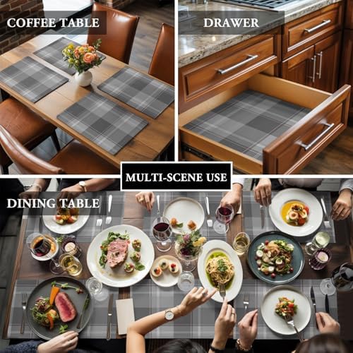 Grey Buffalo Plaid Placemats Set of 8, Cotton Linen Fabric Place Mats