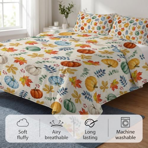 Thanksgiving Fall Duvet Cover Set 3 Pieces with Zipper Closure, Blue