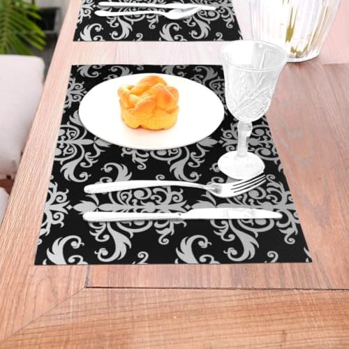Black and Gray Damask Placemats 6 PCS Heat Resistant Washable Woven