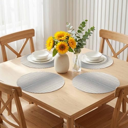 Neutral Stripe Faux Leather Placemats Set of 6, 15in, Waterproof Heat