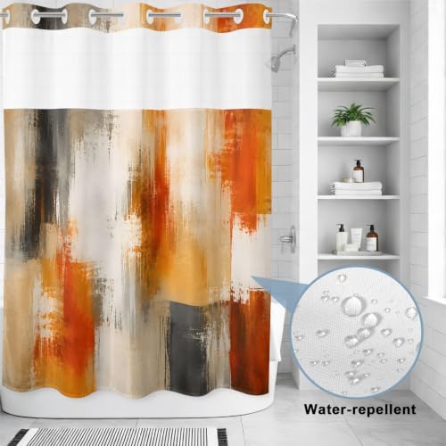 Extra Long No Hook Shower Curtain Bathroom Decor Orange Beige Gray