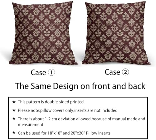 Burgundy Red Floral Block Print Pillow Covers 18x18 Inch Set of 2