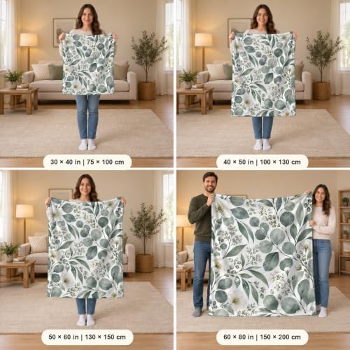 Grey Floral Eucalyptus Leaves Print Throw Blanket, Soft Lightweight