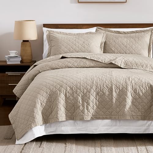 WDCOZY 100% Cotton Quilt Set, Pre-Washed, Cal King, Beige, 3 Pieces