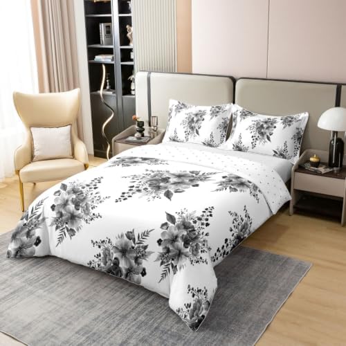 Erosebridal Grey Floral 100% Cotton Duvet Cover Queen Watercolor Boho