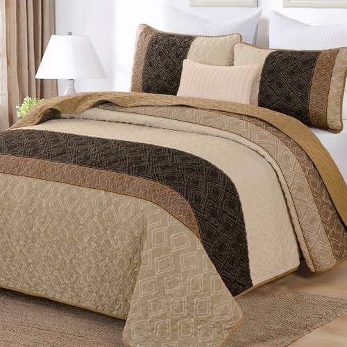 Cottolester Light Brown King Quilt Set,3 Pcs Boho Striped Plaid