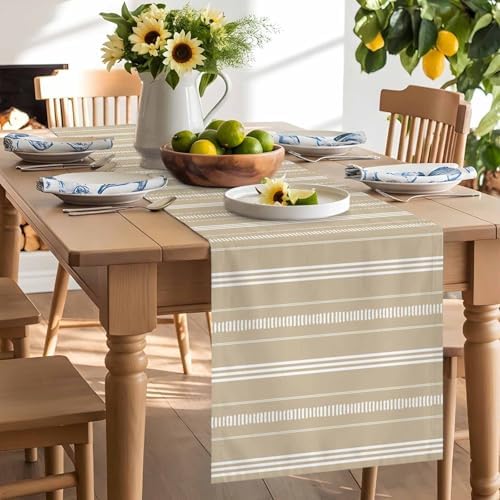 Boho Beige Table Runners 108 Inches Long, Cotton Linen Fabric Table