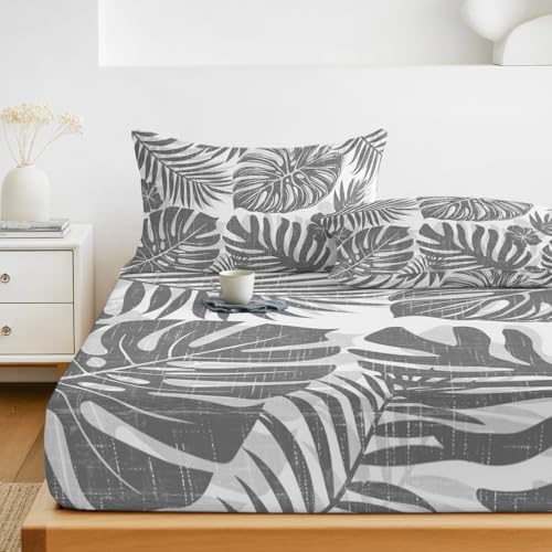 Twin XL Sheet Set Grey Palm Leaves Bed Sheets Set with 16 Inch Deep