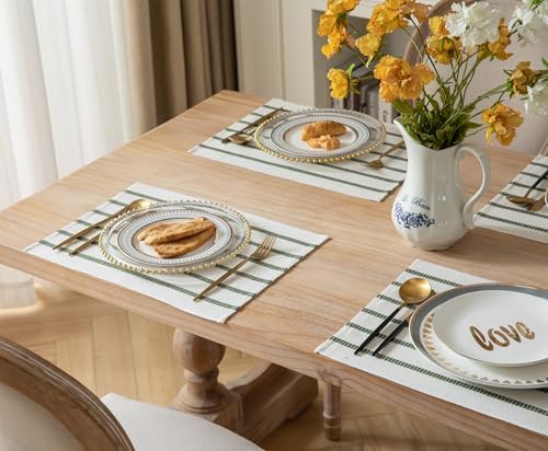 Boho Farmhouse Placemats Set of 6, Green Beige Stripes Cotton Linen
