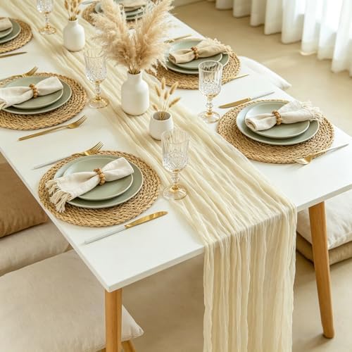 BLUETOP 12 Packs Beige Cheesecloth Table Runner, Boho Gauze Cream