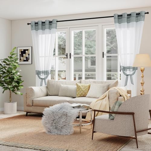 L.Z.E White and Grey Sheer Curtains 63 Inch Length 2 Panels for Living