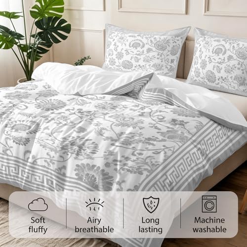 3 Pieces Bedding Set Queen Size, Grey Floral Soft Duvet Covers Set