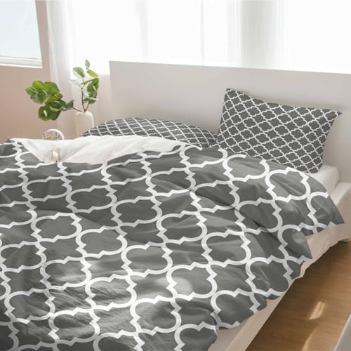 Duvet Cover Set Queen, Gray Modern Trellis 3 Piece Bedding Set