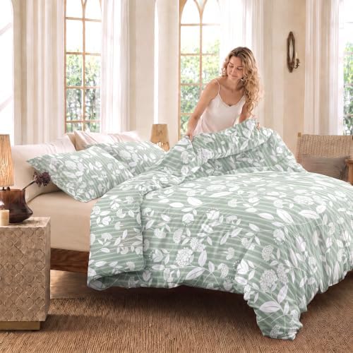 Green Floral Duvet Cover Set Queen Size, Sage Green Leaf Floral Stripe