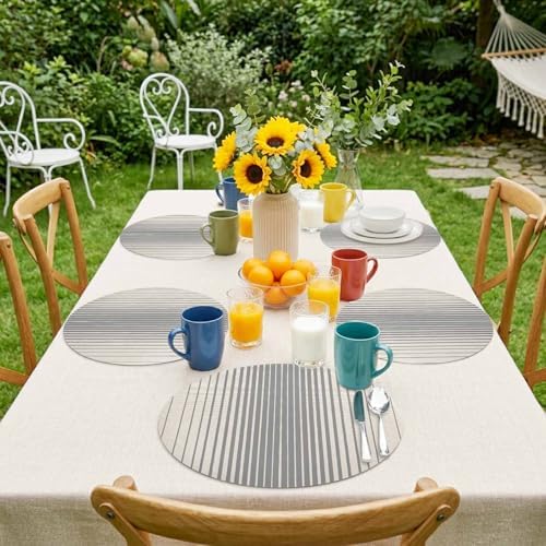 Neutral Stripe Faux Leather Placemats Set of 6, 15in, Waterproof Heat