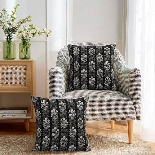 Vintage Black Cream Floral Block Print Decorative Pillow Covers 20x20