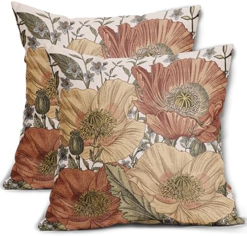 Brown Rust Red Vintage Floral Pillow Covers 18x18 Rustic Flowers