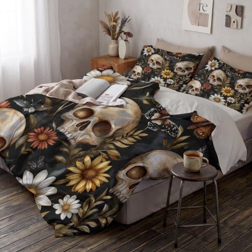 Charcoal Gray Halloween Flower Skull Duvet Cover Set For Women Girls