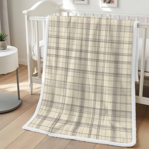 Beige Grid Gingham Sherpa Fleece Blanket Abstract Modern Minimalist