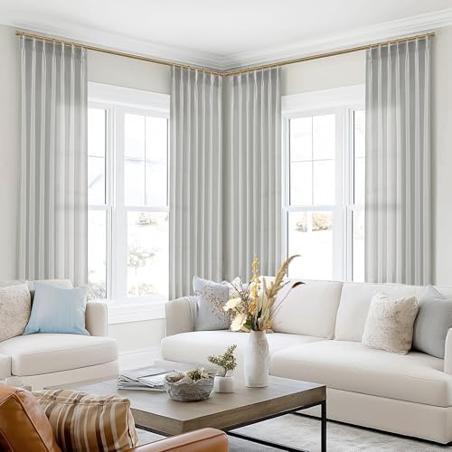 SHINELAND Grey Pinch Pleated Sheer Curtains 108 Inch Long, Light Gray