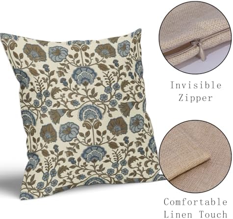 Brown Blue Floral Pillow Covers 22x22 Set of 2, Block Print Vintage