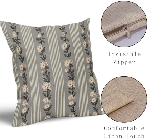 Floral Pillow Covers 18x18 Set of 2 Grey Black Vintage Neutral Flower