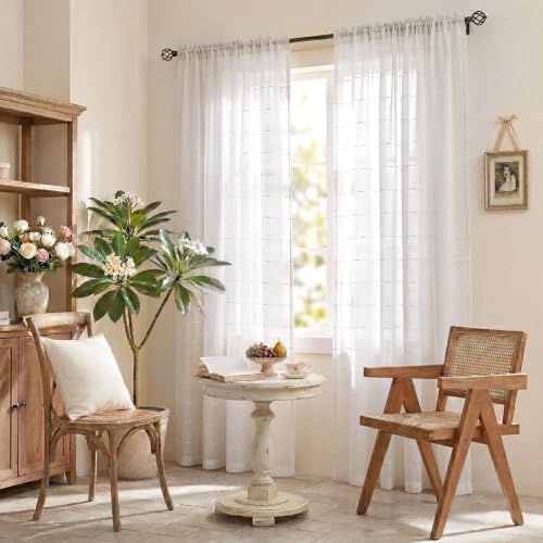 White Sheer Curtains 108 Inches Faux Linen Stripe Pattern 2 Panels