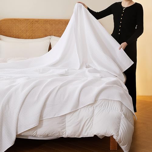 100% Cotton Waffle Blanket for Bed King Size, White, 104 x 90 Inches