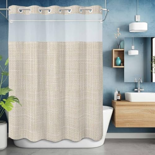 Neutral Tan Linen Weave No Hook Shower Curtain with Snap in Liner