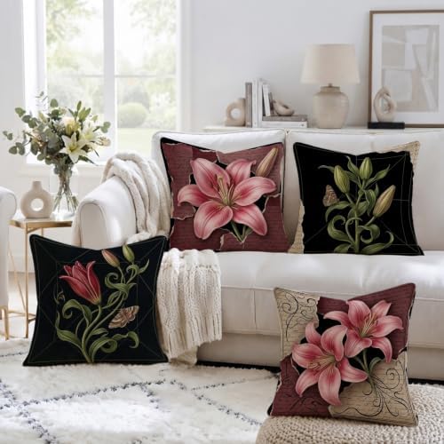Vintage Botanical Lilies Floral Throw Pillow Covers 20x20 Set of 4