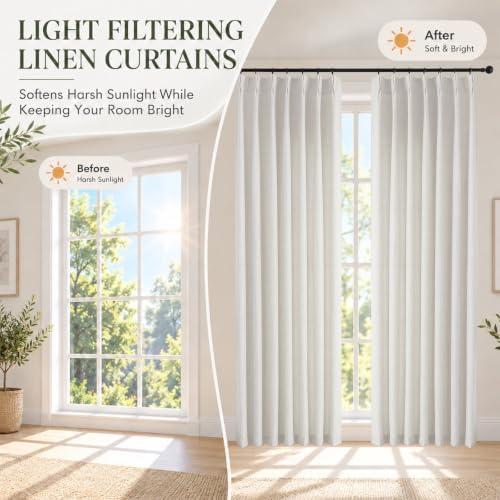 OWENIE Natural Pinch Pleated Linen Curtains 84 Inches Long 2 Panels