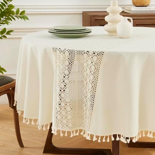 Warm Home Designs 70 Inch Beige Round Tassels Tablecloth. ZA Beige