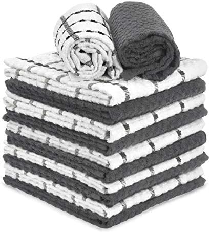 Gray & White Kitchen Dish Towels, 100% Cotton Dobby Weave Terry Towel