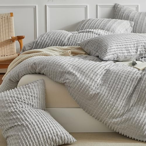 WARMDERN Grey Boho Duvet Cover Set Queen Size, Tuft Texture, 3-Piece