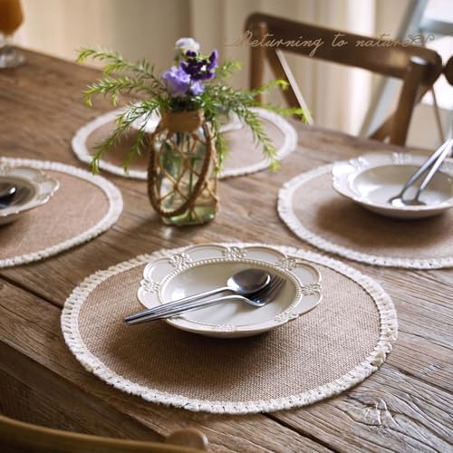 FunWheat 15 Inch Round Jute Placemats Set of 12, Braided Burlap Table