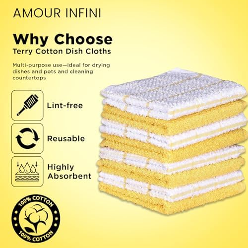 AMOUR INFINI Cotton Kitchen Dish Cloths Set of 8, 100% Terry Cotton