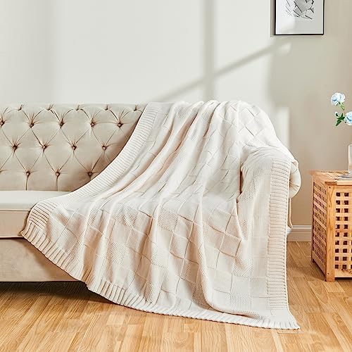 CozeCube Cream White Knitted Checkered Throw Blanket 50"X60"