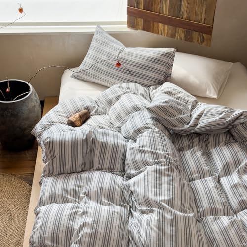LifeTB Retro Striped Duvet Cover Set Full - 3 Piece Vintage White Grey