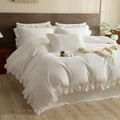 QSH White Dark Grey Wide Stripes Ruffled Duvet Cover Set King