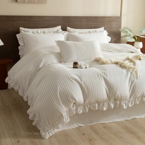 QSH White Dark Grey Wide Stripes Ruffled Duvet Cover Set King