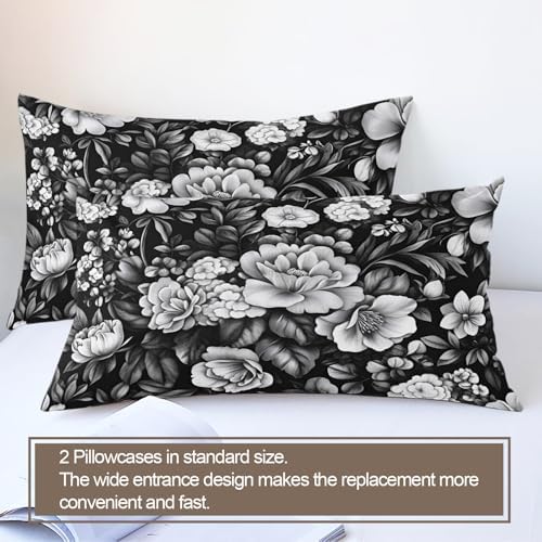 Florals Comforters Queen Size, Gray Flower Bedding Sets, Boho Floral