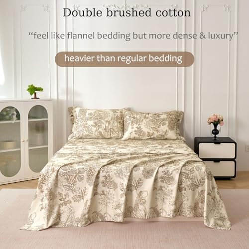 Zusbest Beige King Size Sheets 400TC 100% Brushed Cotton Flannel-Like