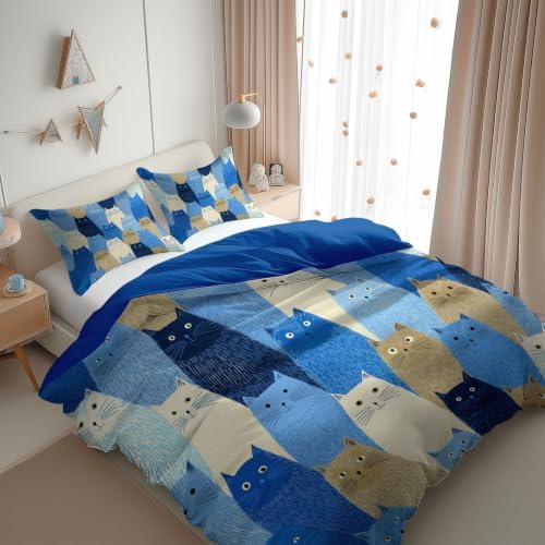 King Duvet Cover Set Soft Microfiber Cat Pattern Blue