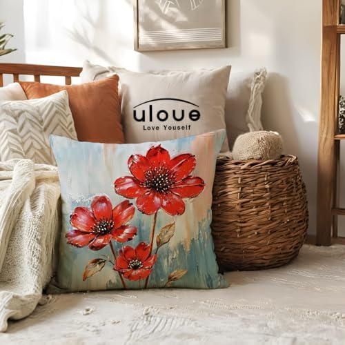 ULOVE LOVE YOURSELF 2Pack Flowers Decorative Pillow Covers Modern Red
