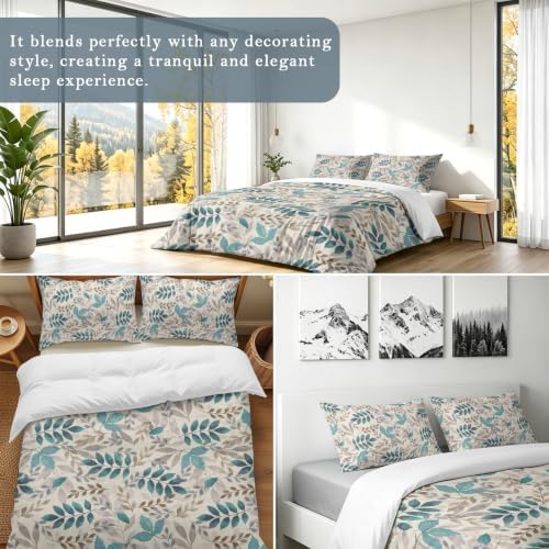 Teal Leaves Fall Duvet Cover Set 3 Pieces with Zipper Closure